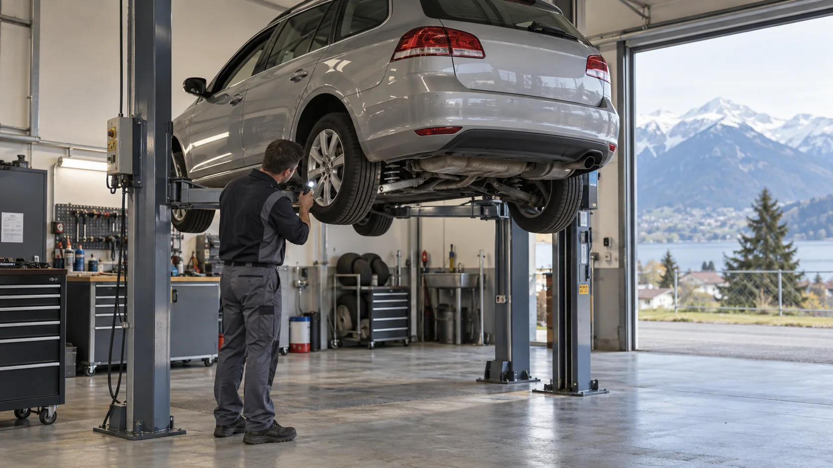 Technicien inspectant la suspension arrière d'un break sur un pont dans un atelier suisse.