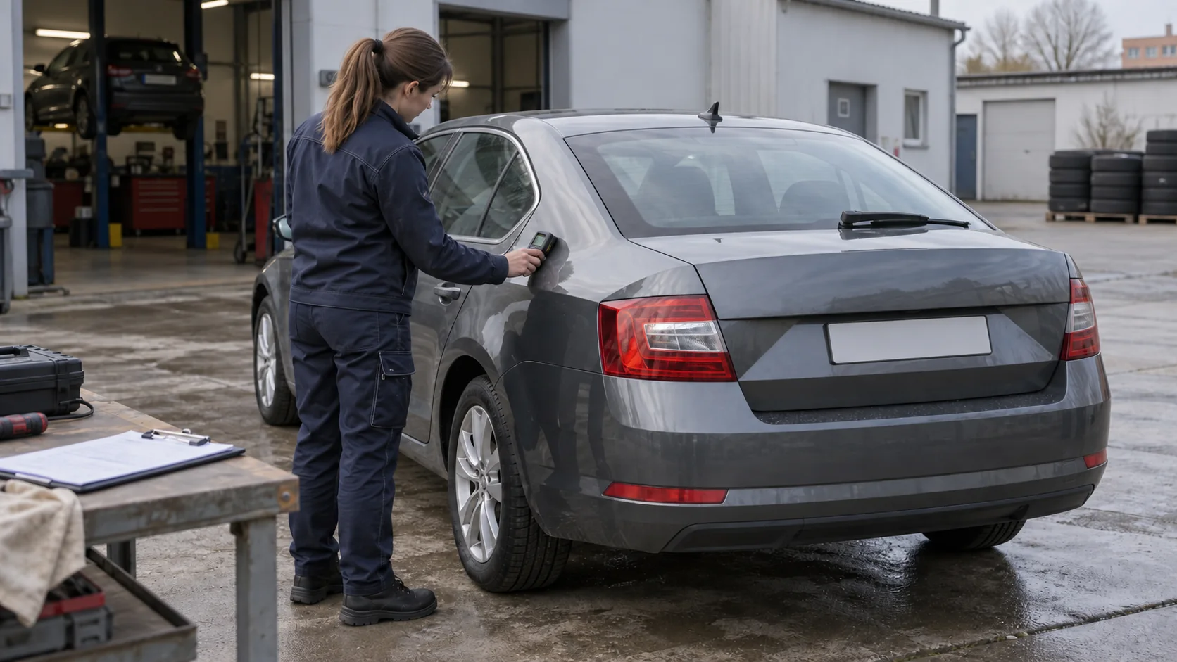 Technicienne mesurant la peinture du panneau arrière d'une voiture d'occasion en Tchéquie.