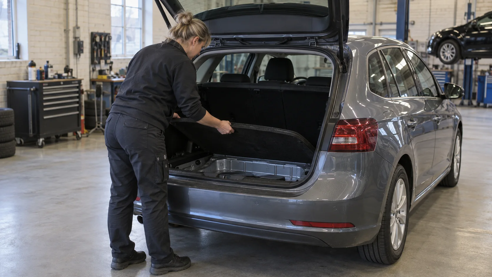 Technicienne soulevant le plancher de coffre pour examiner la carrosserie d'une voiture au Danemark.