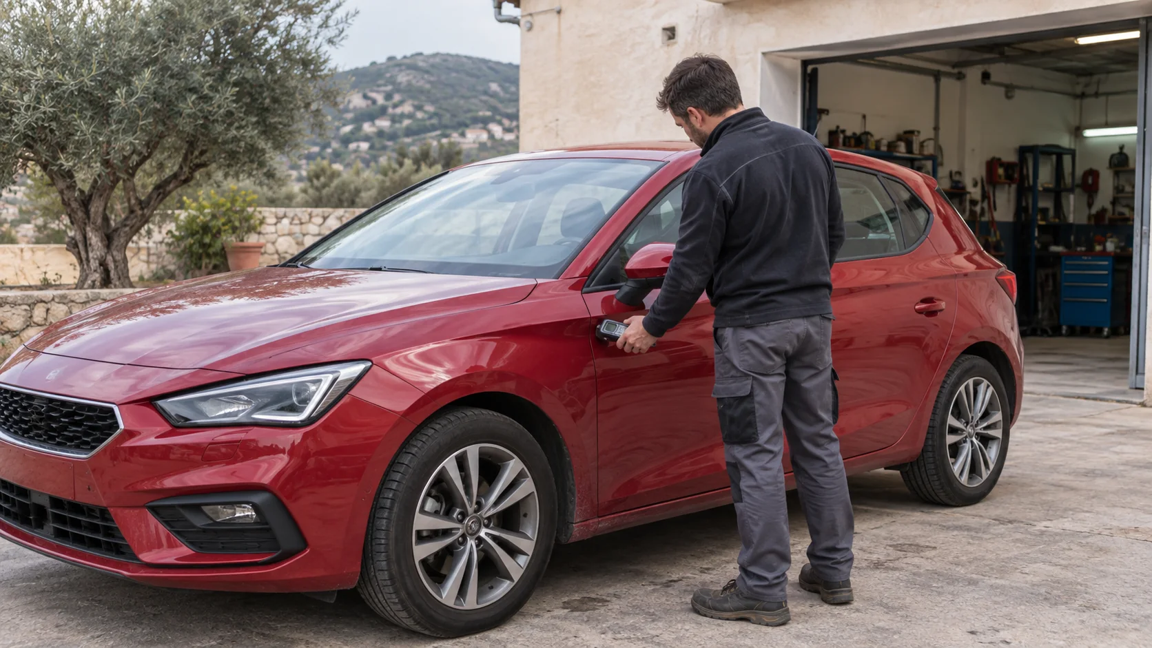 Technicien mesurant la peinture sur la carrosserie d'une voiture d'occasion en Espagne.