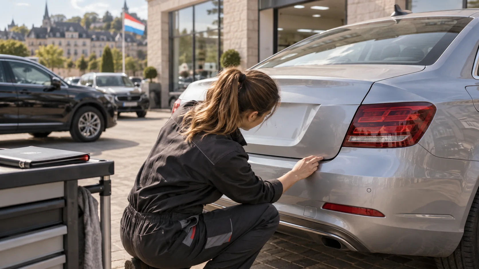 Technicienne vérifiant l'alignement du coffre et du pare-chocs d'une voiture au Luxembourg.
