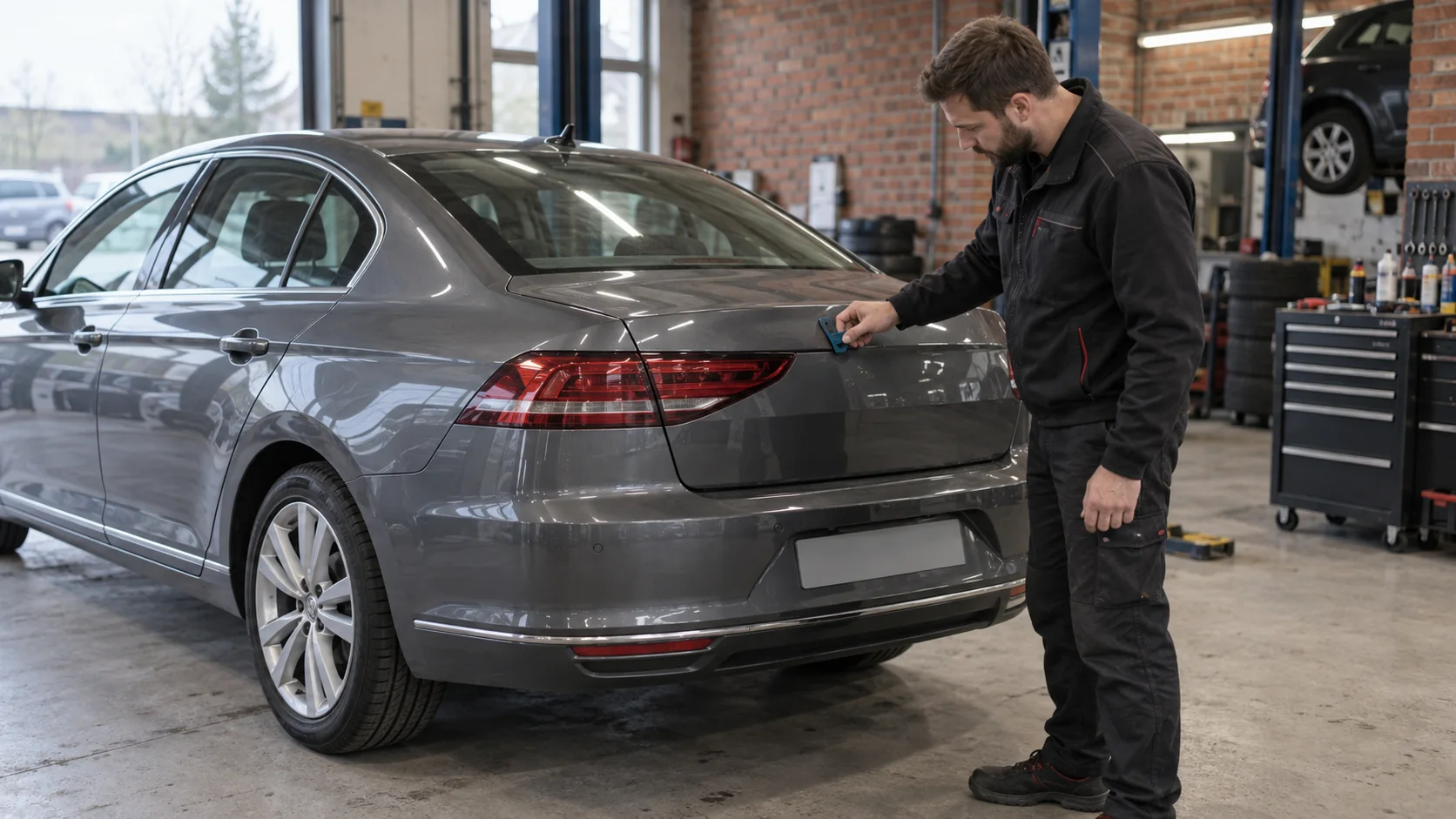Technicien contrôlant l'alignement du coffre d'une voiture d'occasion en Pologne.