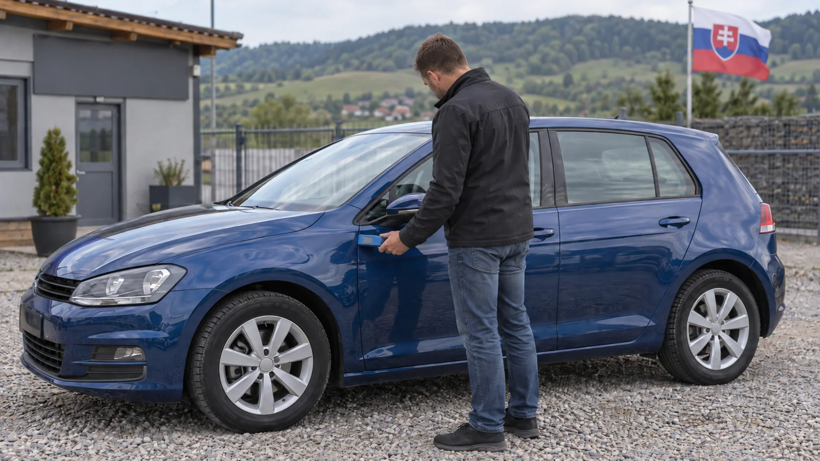 Technicien vérifiant l'alignement des panneaux de carrosserie d'une voiture en Slovaquie.